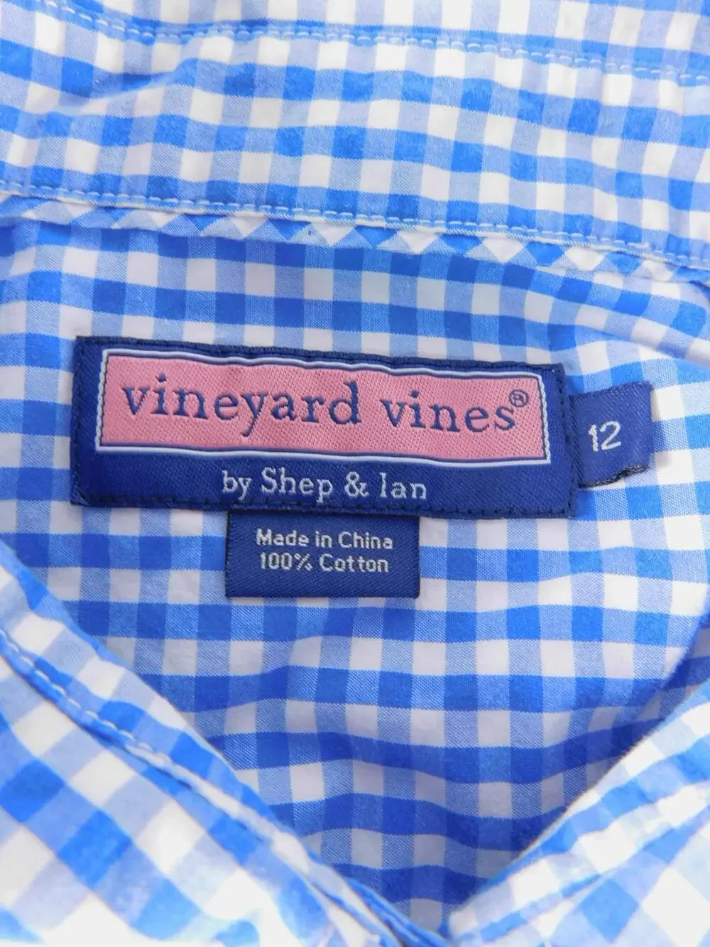 Vineyard Vines Shirt Boys 12 Blue Gingham Long Sleeve Button Down Logo
